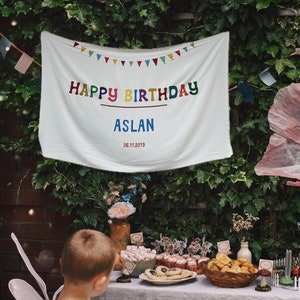 Bandiera con nome di compleanno personalizzata, striscione di compleanno, striscione di compleanno personalizzato, insegna in tessuto, insegna di compleanno in tessuto, arte della parete Boho di compleanno, lino
