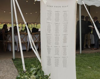 Tableau de mariage in tessuto, allestimento dei posti a sedere per matrimonio in tessuto di lino, cartello personalizzato per l'allestimento dei posti a sedere, cartello in tessuto