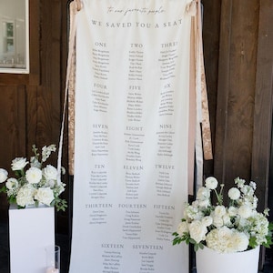 Plano de mesas de boda de tela, plano de asientos de boda de tela de lino, cartel de plano de asientos de boda personalizado, cartel de tela