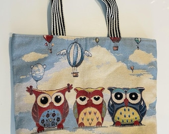 Owl Tote Bag Tapestry Large Fully Lined Zippered with Inside Pocket - Three Owls