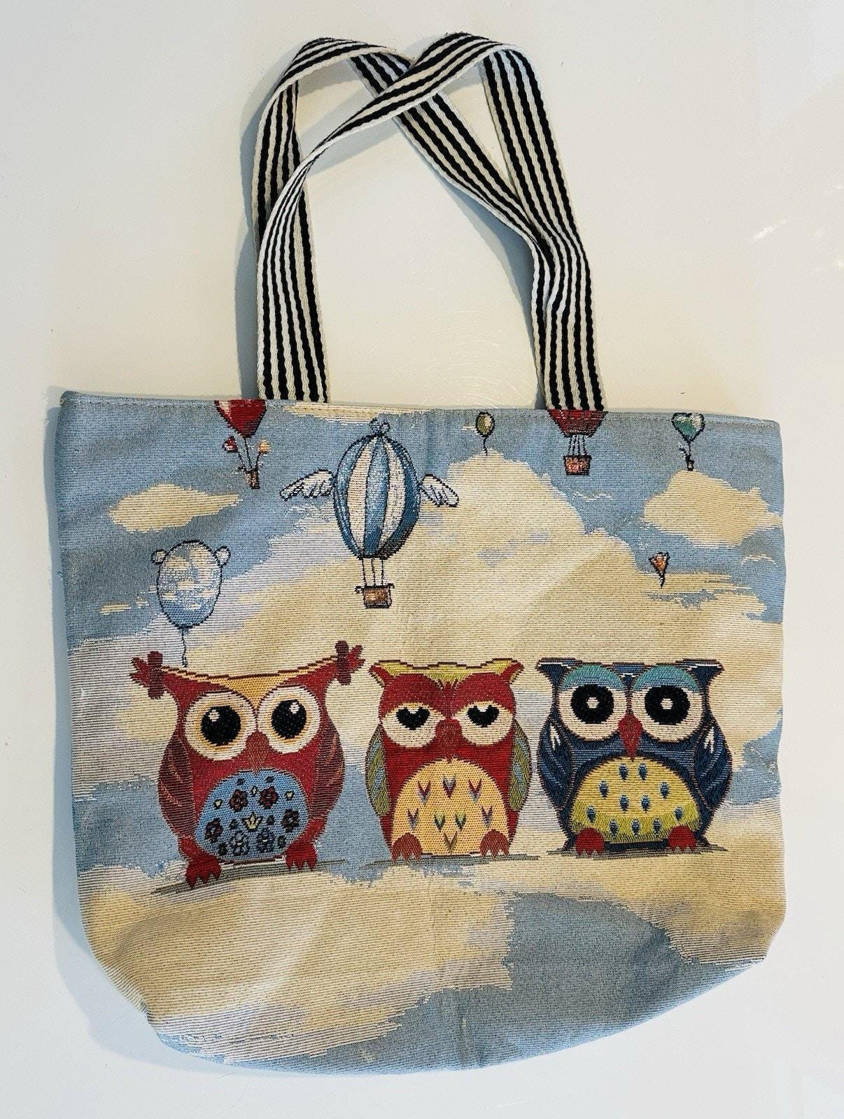 Owl Tote Bag Tapestry Large Fully Lined Zippered with Inside Pocket - Three Owls