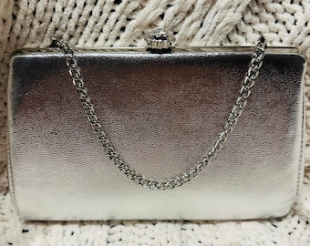 Vintage Purse Clutch Evening Bag Silver 1960s Chain Metallic Rose clasp retro