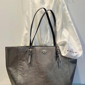 Coach Turnlock Tote Metallic Bronze Pebbled Leather Shoulder Bag