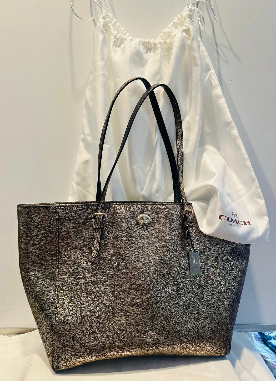 Coach Turnlock Tote Metallic Bronze Pebbled Leather Shoulder Bag