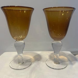 Artland Iris Amber Brown Gold Water Wine Goblet Glasses Hand Crafted 8” Set of 2