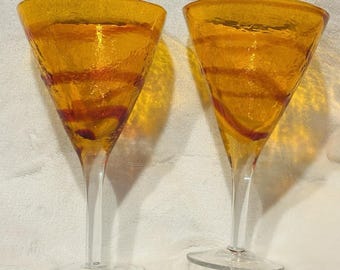 Pier 1 "Canyon Orange" Hand Blown Wine Cocktail Martini Glasses Set Of 2 Vtg