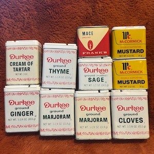 Vtg Gewürzdosen, 7 Marke Durkee, 2 McCormick Senfdosen, 1 Frank&#39;s Mace Dosenpartie