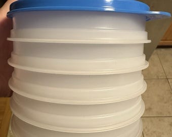 Recipientes para hamburguesas Tupperware de 5 pulgadas, juego de 5, aptos para congelador, sello azul, nuevos, estilo vintage retro.