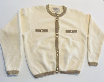 Petite Sophisticate S.M.L. Cardigan Sport Lambswool Angora Ivoire Femme Med Vtg