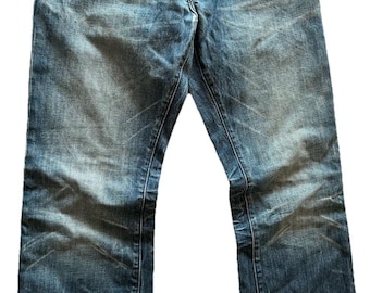 1969 GAP-jeans med knappgylf, herr, 33x30, syratvättade, slitna år 2000-jeans, vintage-modell, bootcut