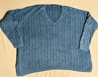 Polo Ralph Lauren kabelgebreide trui dames XL blauw pima v-hals preppy Old Money