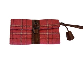 J Crew Wool Leather Plaid Pink Brown Wristlet Wallet Preppy Career Locket