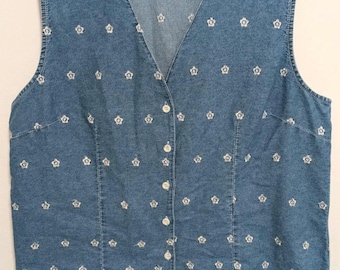 Vintage Floral Embroidered Denim Vest  Top Size XL Cottagecore Prairy Boho Country Cowgirl Cottagecore Feminine Dainty Floral 90s