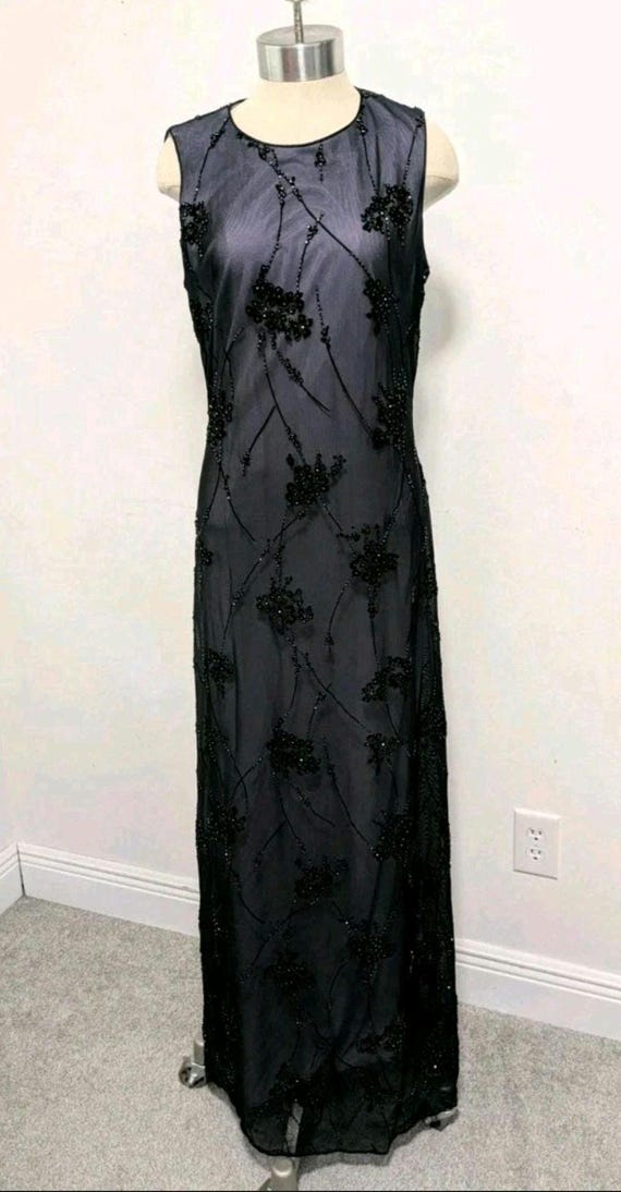 whimsigoth formal dress Vintage Y2k Womens Beaded Floral Velvet Overlay Mesh Maxi US Size 12 Black 90s Prom HOCO Evening gown Wedding guest Vintage