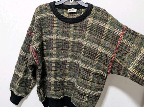 Hugo Boss, Vintage BOSS Hugo Boss Men's Knit Sweater Green Multicolor Stitch Classic Retro 80s 90s Grunge Designer Gorpcore Maximalist Boho