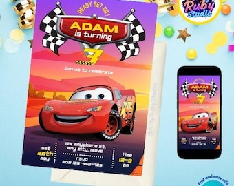 Invitación de cumpleaños de Rayo McQueen: Plantilla editable de Canva (digital)