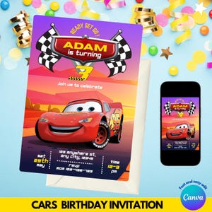 Editable Cars Birthday Invitation | Lightning McQueen Invitation, Kids Birthday Invitation | Editable Canva Printable Digital Invitation