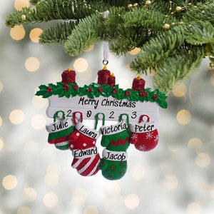 Personalized Glove Stockings Family Ornament – Family of Six Christmas Ornament 2025 with Names – Custom Large Family Holiday Gift