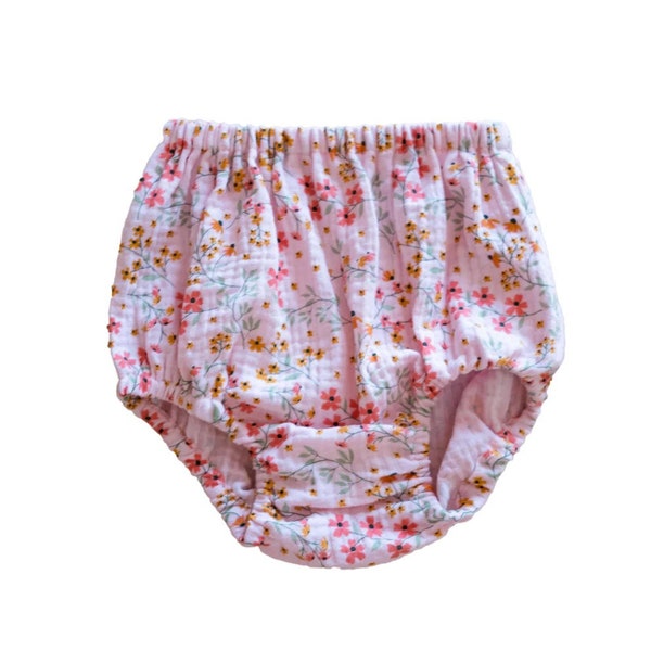 Edith Bloomers. 100% Organic Double Gauze Cotton. Elasticated waistband and legs. Available in Pink Floral or Teal. Handmade to order.