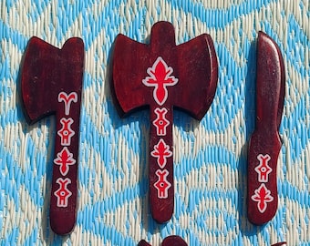 Shango Tools Six Wooden painted handmade Conjunto Seis Herramientas de Madera de Shango Chango Santeria Iyawo Batea Yoruba Oshe statue batea
