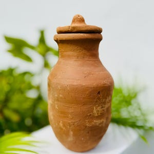 May include: A small, handcrafted terracotta pot with a lid. The pot has a rounded body and a narrow neck, with a lid that fits snugly on top. The color is a warm, earthy brown. The pot is likely used for storage or decoration.