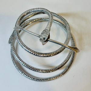 May include: A silver-toned metal coil shaped like a snake, featuring a textured surface that mimics scales. The snake's head is positioned at the top of the spiral, with a slender, pointed pin extending horizontally across the center of the coil.