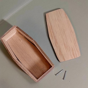 May include: A wooden coffin-shaped box with a lid, open to reveal the empty interior. Two small silver nails are visible on the surface.