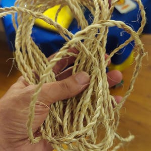 May include: A close-up of a hand holding a bundle of natural fiber rope. The rope is light brown and has a slightly rough texture.