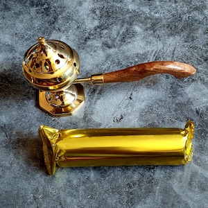 Brass incense burner wood handle portable thurible charcoal grains and scented perfumed resins shrine space altar church temple tool scent