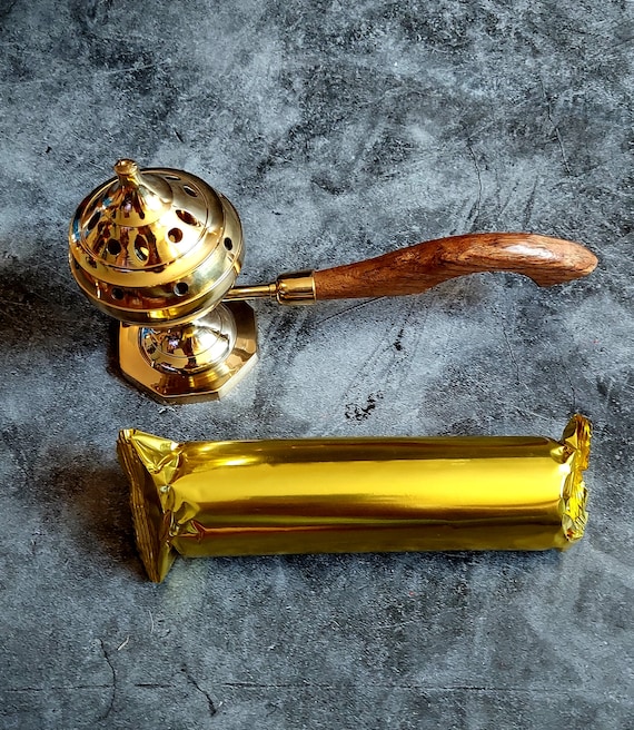 Brass Incense Burner Wood Handle Portable Thurible Charcoal Grains
