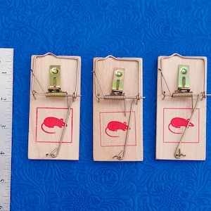 May include: Three wooden mouse traps with metal springs and a red mouse graphic. A stainless steel ruler is on the left side. The traps are on a blue patterned surface.
