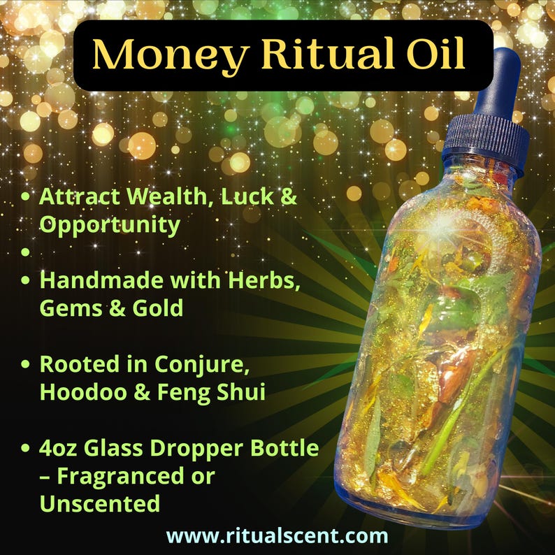 Money Ritual Oil, spell Prosperity Conjure Oil with Herbs, Gems, Gold Leaf 4oz Dropper Bottle Wealth Attraction Hoodoo Oil handmade money drawing ritual oil, afro atlantic prosperity conjure blend, wealth attraction feng shui rootwork oil, handcrafted spell oil with herbs and stones, 24k gold leaf magical abundance oil, magick intention oil for money success, financial prosperity ritual anointing oil money drawing oil, conjure hoodoo, prosperity spell oil, wealth ritual oil, rootwork abundance