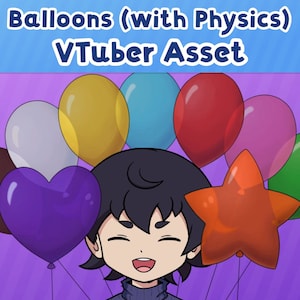 Könnte beinhalten: Ein Comic-Charakter mit schwarzen Haaren und einem blauen Pullover ist von bunten Luftballons umgeben, darunter ein lilafarbener Herzluftballon, ein roter sternförmiger Luftballon und eine Vielzahl von runden Luftballons in Blau, Rot, Gelb, Weiß und Rosa. Der Text "Balloons (with Physics) Vtuber Asset" befindet sich oben im Bild.