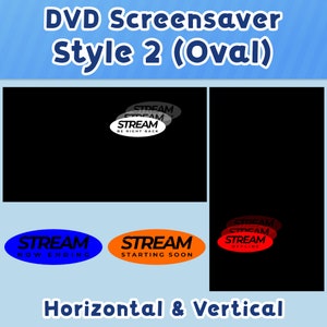 May include: A digital screensaver with an oval design featuring the word "STREAM" in various states, including "BE RIGHT BACK", "NOW ENDING", "STARTING SOON", and "OFFLINE". The screensaver is designed for both horizontal and vertical displays.
