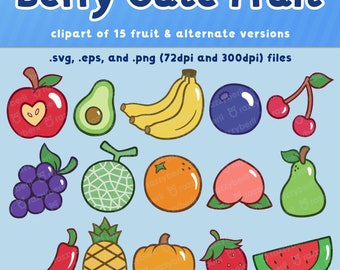 Berry Cute Fruit Clipart Vector Files | SVG EPS PNG Bundle | Fruit-Themed Clip Art | Planner Stickers | Digital Badge | Apple, Bananas, Pear
