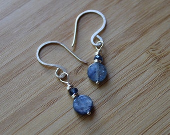 Blue Kyanite Earrings. Kyanite coin style earrings with small silver and kyanite beads. 925 silver handmade ear wires. Handmade earrings