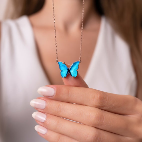 925 Sterling Silver Rose Gold Enameled Blue Butterfly Necklace