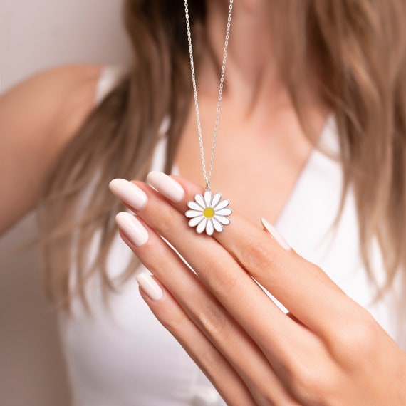 925 Sterling Silver Daisy Necklace Yellow Daisy Pendant Flower
