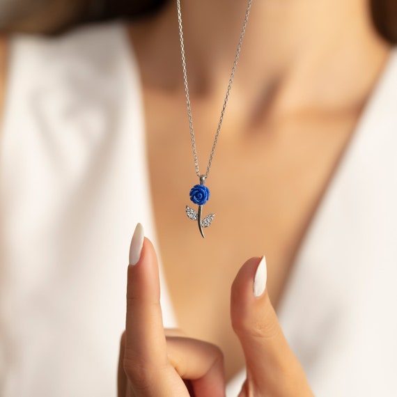 925 Sterling Silver Coral Stone Blue Rose Necklace Etsy