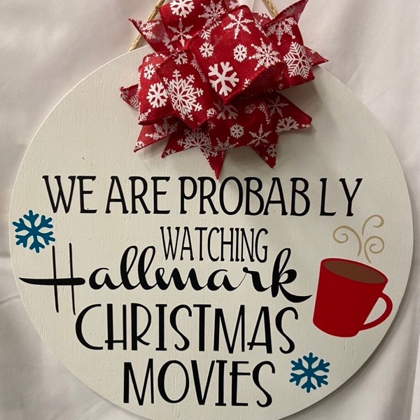 Hallmark Christmas Movies Door Hanger, Christmas Movie Decor, Christmas Porch Sign, Wreath, Round Wood Sign