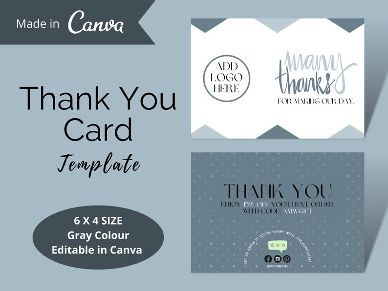 Thank You Card Business Template Canva Thank You Card Etsy