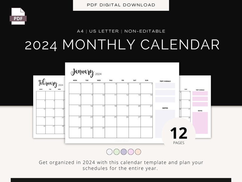 2024 Monthly Calendar Printable, Landscape Calendar, 2024 Monthly