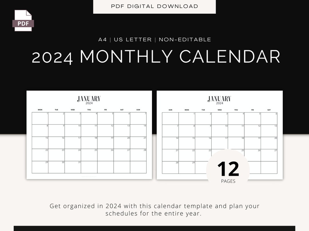 2024 Monthly Calendar Printable, Monthly Planner 2024, Landscape