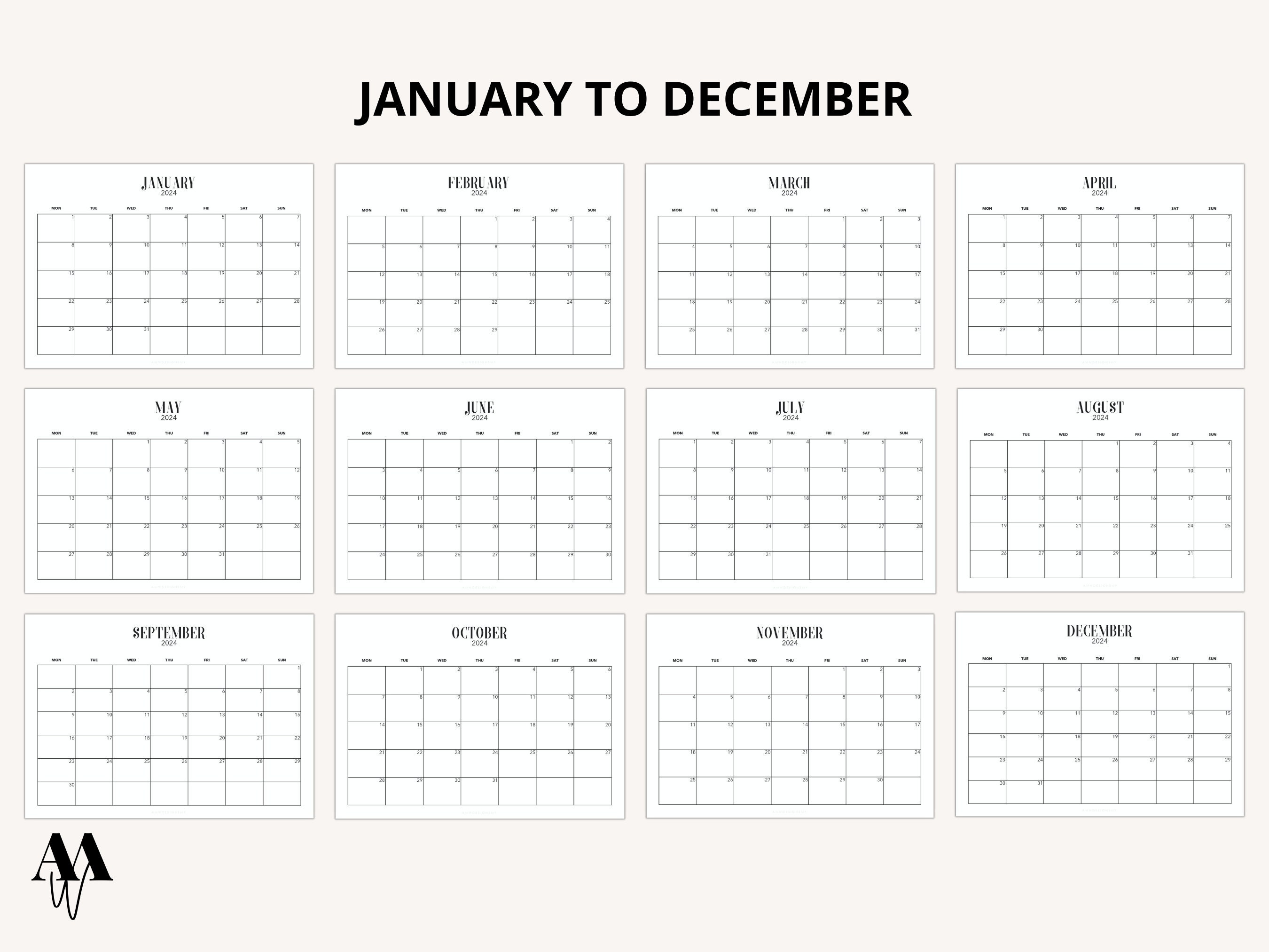 2024 Monthly Calendar Printable, Landscape Calendar, 2024 Simple Monthly Calendar, Minimalist
