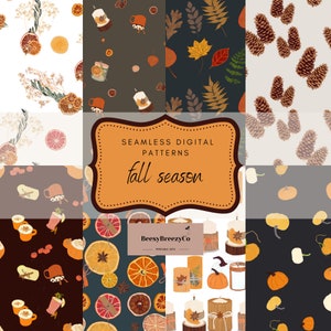 Puede incluir: Un conjunto de 8 patrones digitales sin costuras con temas otoñales. Los patrones incluyen imágenes de piñas, calabazas, velas, naranjas secas, hojas y tazas. El texto "Patrones digitales sin costuras temporada de otoño" se muestra en una pancarta en la parte superior de la imagen. El texto "BeesBreezyCo Printable Arts" se muestra en una pancarta en la parte inferior de la imagen.