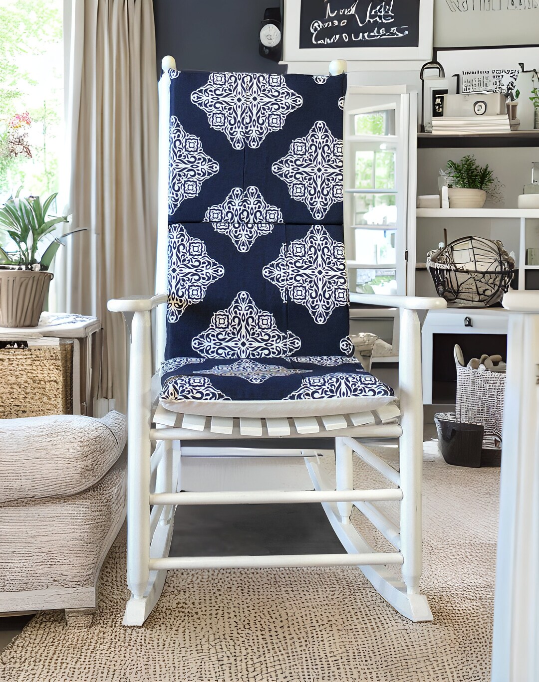 Navy Medallion Patterned Rocking Chair Pad Etsy