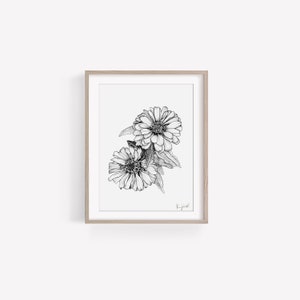 Zinnias Black and White Art Print | Pen and Ink Art Print | 8x10 Art Print Home Decor | Botanical Art Print Gift | Signed by Artist