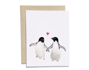 Penguin Card | Penguin Valentine Card | Penguin Anniversary Card | Penguin Love Card | Watercolor Greeting Card