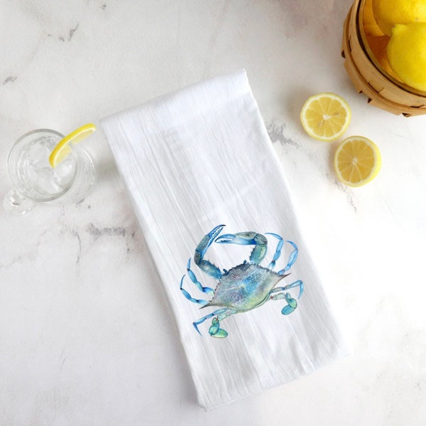 Blue Crab Tea Towel | Kitchen Towel | Hand-made Hostess Gift | hand-painted design | Summer Hand Towel | Flour Sack 100% Cotton Towel