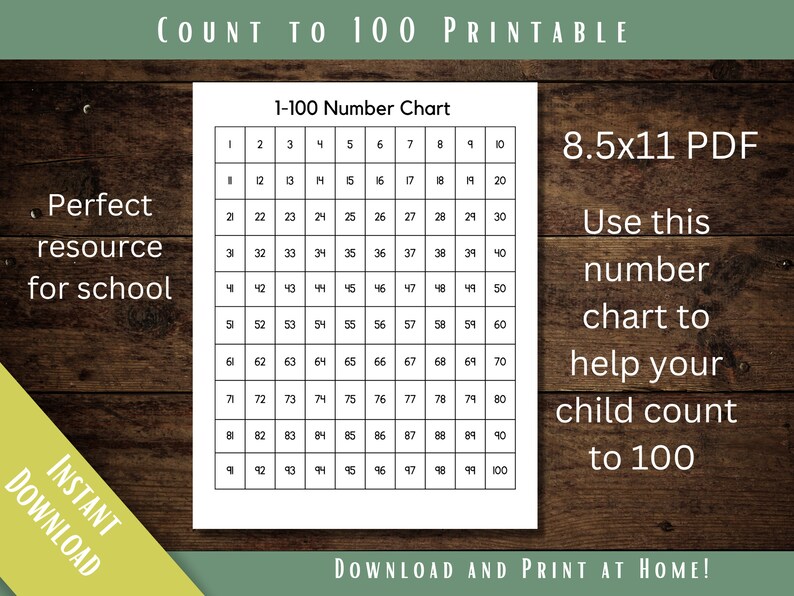 Number Chart/ Printable Hundreds Chart/ 1-100 Number Chart/ Count to ...